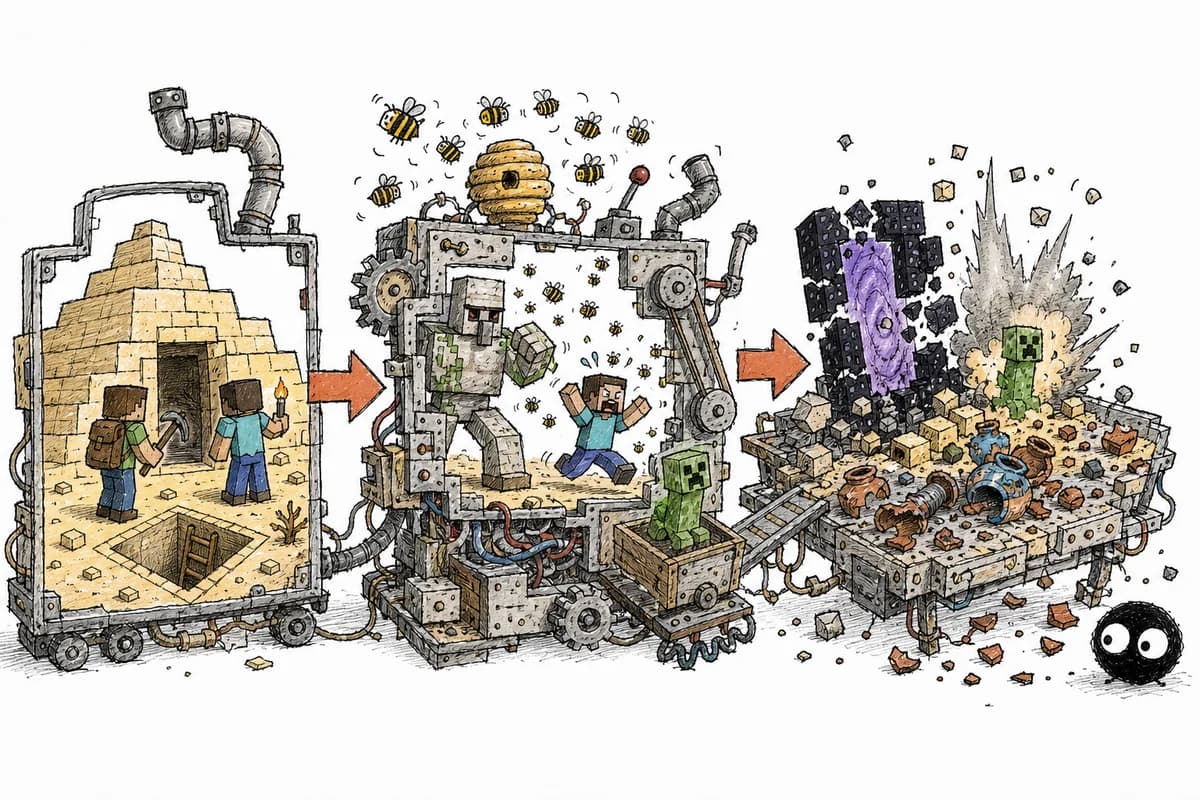 A hand-drawn Minecraft contraption connecting a desert pyramid, angry bees and an iron golem, and an exploding creeper beside a broken nether portal.